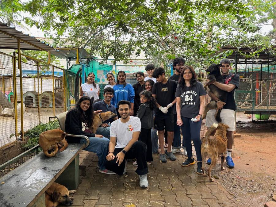 Volunteers and children posing together with the rescue dogs in the yard at the shelter